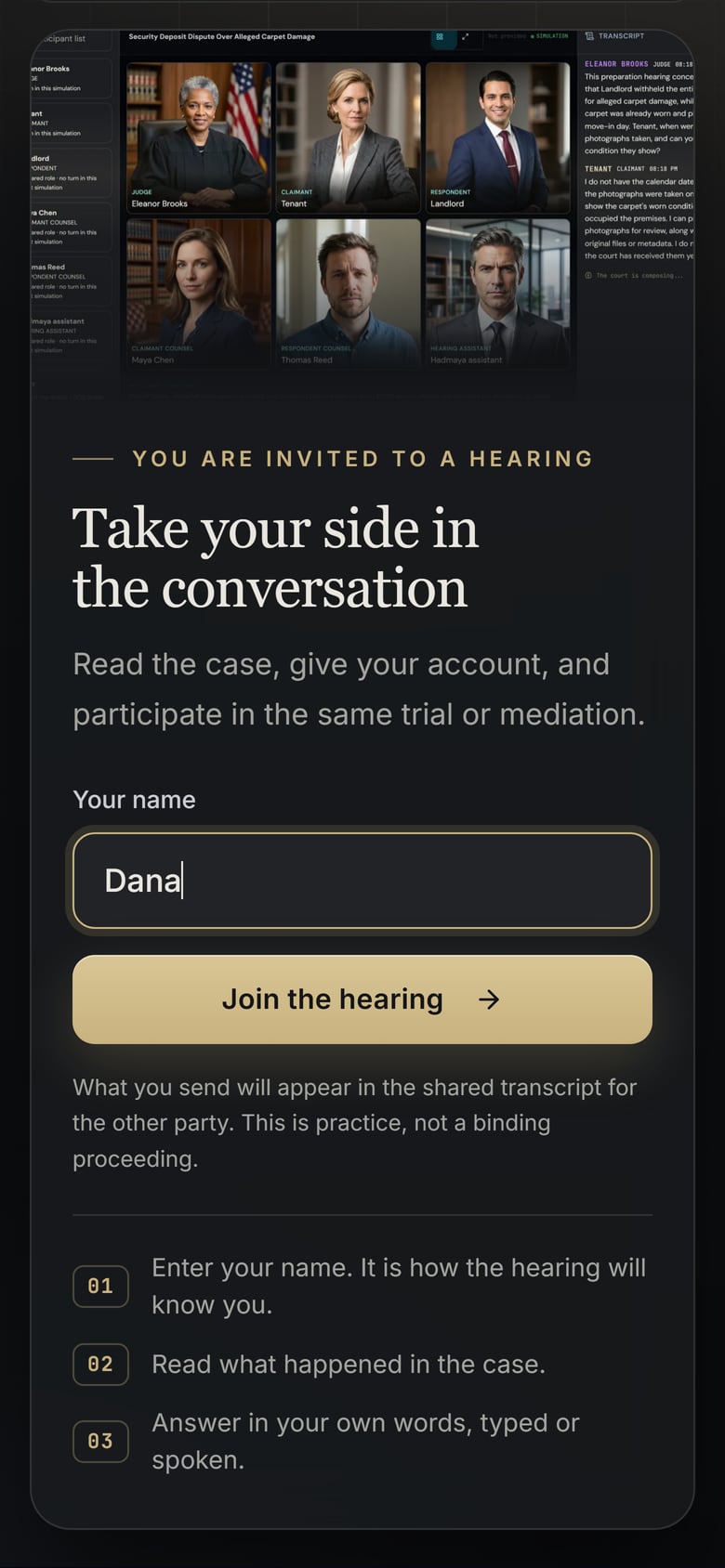 The invited lawyer's phone: she types her name to join the hearing