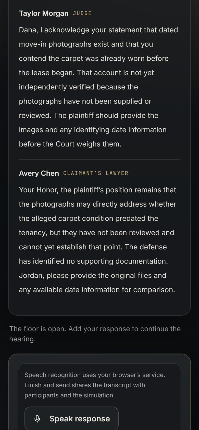 On her phone, the judge replies to the invited lawyer by name