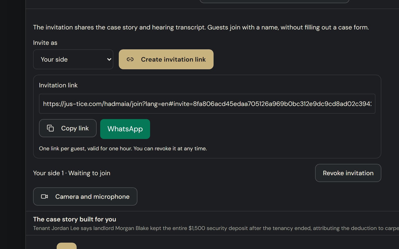 The invitation panel with the link, copy and WhatsApp